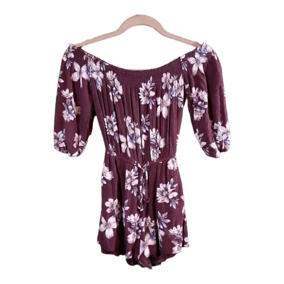 One Clothing Purple Floral Off-shoulder 3/4 Sleeve Crepe Romper Women's XS - Picture 2 of 7